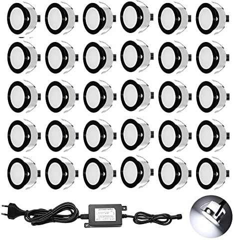 CHNXU 30er Set LED Einbaustrahler Bodeneinbaustrahler Kaltes Weiß 12V Ø30mm 0,6W 9LM Terrassenbeleuchtung Außen IP67 Wasserdichte LED Treppen Beleuchtung für Garten Holzbrücke Pool Holzdeck, Schwarz