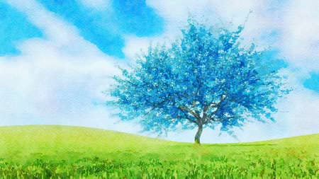 adrium Holz-Bild 50 x 30 cm: Surreale Frühlingslandschaft mit üppig blühendem, unrealistischem blauem Sakura-Kirschbaum in voller Blüte im nassen(166151024)