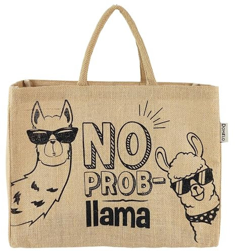 Domelo Einkaufskörbe. Bedruckte Einkaufstasche. Jute Tasche groß. Korbtasche, wasserabweisenden Strandtasche. Jutetaschen Shopper als Shopping bag. Nachhaltige Tragetasche (Lama)