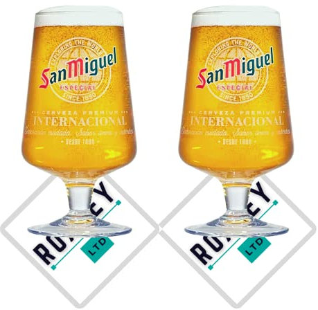 Roxley - Vasos de cerveza de pinta nucleada San Miguel X2 | Cerveza Lager 56 cl, tamaño cueva de hombre | Fabricado en Reino Unido