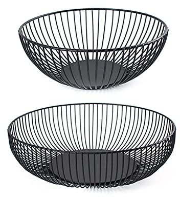 Jomewory , 2 Stück Obstschale Schwarz Matt, Eisenkunstschale mit Hohlem Design, Runde Metallkorb für - Gemüse, Zeitung, Snack Korb, Moderner Fruchtkorb