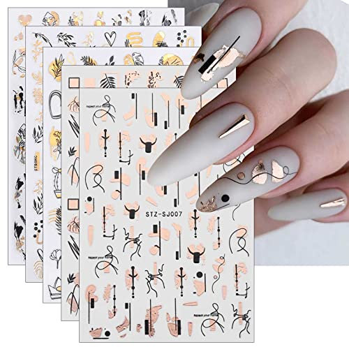 JMEOWIO Nagelsticker Goldene Blumen 10 Blatt Nail Art Sticker Selbstklebend Nagelaufkleber Frühling Linie Abstraktes Blatt Dekoration Nageldesign Zubehör