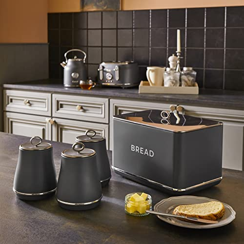 Tower Renaissance Grey Bread Bin & Tea, Coffee & Sugar Storage Canisters. Stylish Matching Kitchen Storage Set in Grey