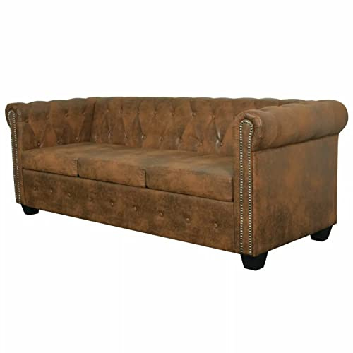 Divano Chesterfield Moderno a 3 Posti in Pelle Artificiale Marrone, Ecopelle, Dire, Vintage, in Offerta