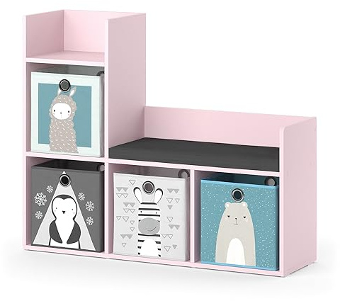 Vicco Kindersitzbank Luigi, Rosa, 107.2 x 88.6 cm mit 2 Faltboxen (grau), mit gepolstertem Sitz und Vier offenen Regalflächen