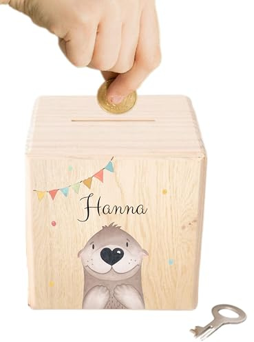 wunderwunsch - Personalisierte Spardose Kinder aus Holz mit Metallschloss - Spardose mit Namen mit kinderfreundlichem UV-Druck zum Sparen für Kinderträume