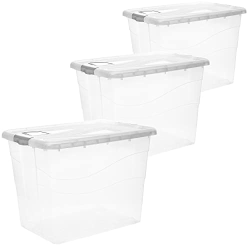 2friends 3er XXL Set Aufbewahrungsbox mit Deckel Groß 80l, Plastikbox Kisten Aufbewahrung mit Rollen + Clip-Griffen - für Büro, Kinderzimmer, Keller & Werkstatt, Model: Ina, Made in EU
