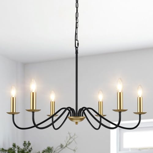 MRHYSWD Kronleuchter Modern Schwarz Gold, 6 Flammig Pendelleuchte Vintage | Hängeleuchte Moderne Industrial Kronleuchter Deckenleuchte Wohnzimmer Esszimmer Esstisch-Höhenverstellung-Ohne E14 Birne
