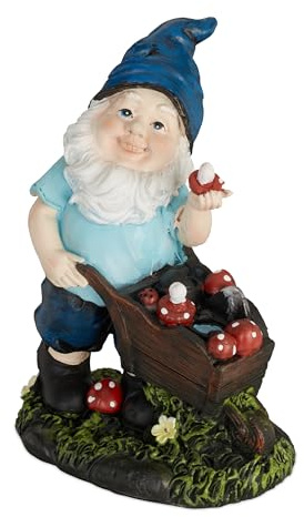 2 x Gartenzwerg mit Pilzen, wetterfest, frostsicher, HxBxT: 14,5 x 10,5 x 7 cm, Gartenfigur Wichtel, Kunststein, bunt
