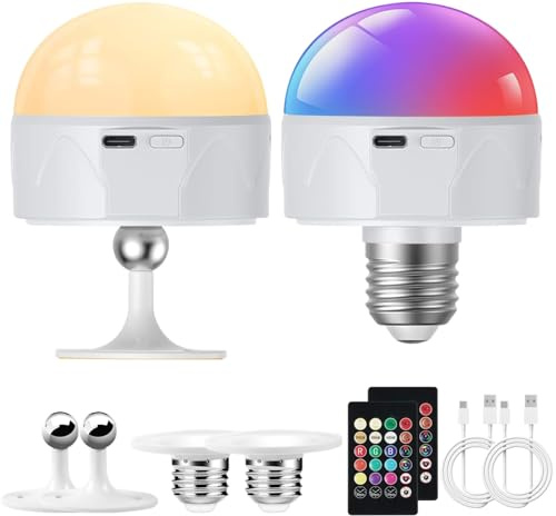 Dufuso Lampadina Ricaricabile USB C Con Telecomando, E27 Lampadina Senza Fili, 5W Lampadina LED Dimmerabile 9 Colori RGB e 3 Temperature Colore (3000/4000/6000K), Lampada Portatile LED Ricaricabile