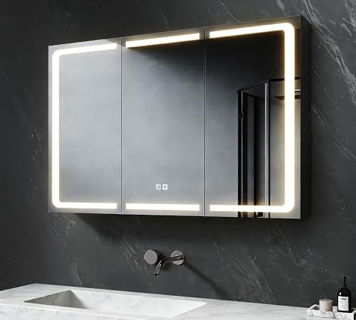 SVNR Spiegelschrank Bad mit Beleuchtung 100x60x13cm 3 Türen Schwarz | Antibeschlag, Steckdose, Verstellbare Regale, 3mm Kupferfreier Spiegel, Edelstahl