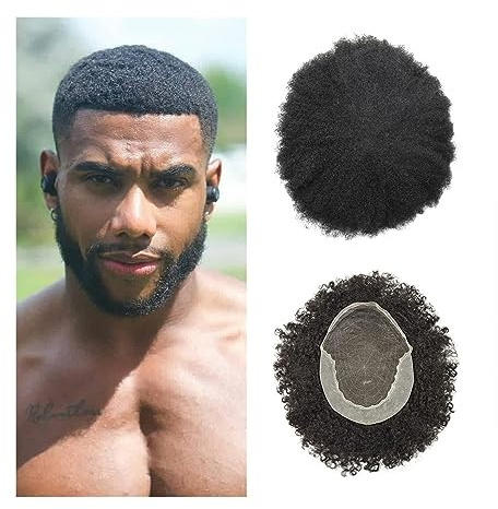 Peluca que cubre la calvicie para hombres Frente de encaje Rizado Hombres Cabello Cómodo Afro Prótesis de cabello masculino Nudos blanqueados Top de encaje francés y PU Perímetro de piel delgada Pieza