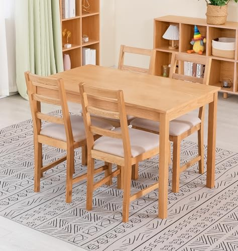 Hallowood Furniture Waverly Solid Oak Small Dining Table and Chairs Set 4 | 120x70cm Rectangular Solid Oak Kitchen Table and Chairs with Ladder Back and Beige Fabric Padded Seats, Farmhouse Dining Sets