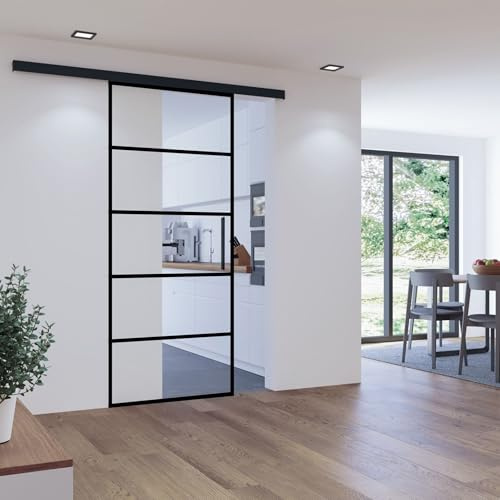 inova Glas-Schiebetür Klar 1025x2200mm schwarze Blockstreifen 8mm Komplett-Set Schiebetürbeschlag
