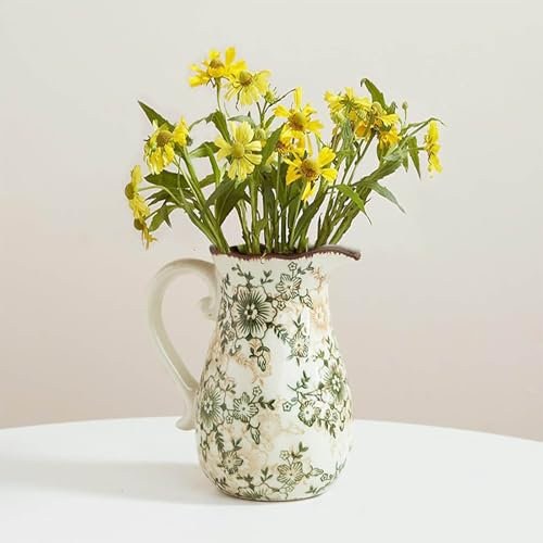 Vintage Pichet en Céramique avec Anse, Vase Chinois à Fleurs, Grand Vase Rustique en Céramique Craquelée pour Décoration Maison, Salon, Cuisine, Table