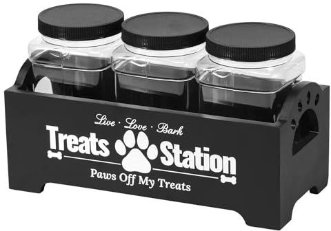 JEJUWE Dog Treat Container Wooden Dog Food Storage Container with 3 Plastic Jars Air Tight Reusable Cute Pet Biscuit Container for Dog and Cat (Black)