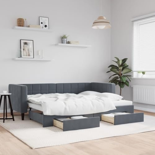 Fasba Tagesbett, Ausziehbar Schlafsofa mit Schubladen Matratzen, Bettsofa Gästebett für Schlafzimmer Wohnzimmer, Sofa Bett Ausziehbett, Dunkelgrau 80x200 cm Samt