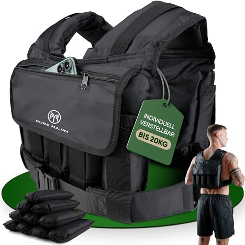 PURE MAJIN® Gewichtsweste 20kg verstellbar [mit Tasche & Metallgurt] | Fitness Workout Laufen Calisthenics Equipment Weighted Vest Trainingsweste Laufweste - Schwarz