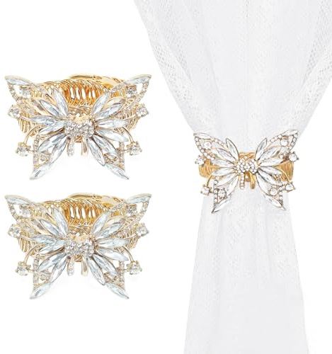 2 Pcs Gold Butterfly Decorative Curtain Tie Backs, YueLvoe Elegant Modern Metal Holdbacks for Living Room, Curtain Ties with Rings, Buckle Holder for Home Office Cafe Balcony (Gold)
