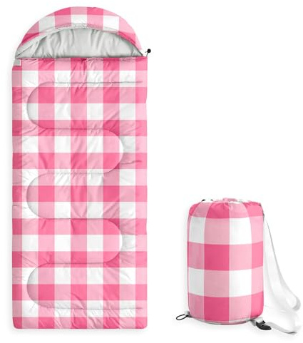 Wake In Cloud - Kids Sleeping Bag for Boys Girls Toddlers, Camping in Warm Cold Weather, Backpacking Lightweight Compact Outdoor Liner for 3 Seasons, Gingham Plaid, Hot Pink