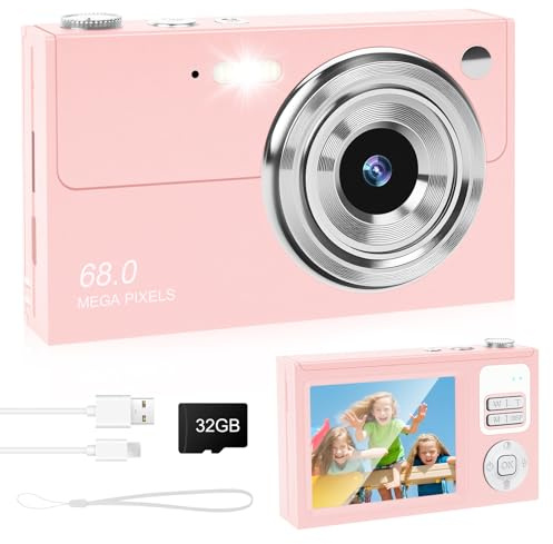 Digital Camera - 68MP Autofocus with 2.8 LCD Screen 16X Digital Zoom Anti-Shake Photography Vlogging Compact Photo Camera with 32gb SD Card for Kids Students Beginners Teens (All Pink)