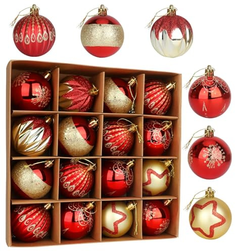 Upifen Christmas Tree Baubles, 16pcs christmas decorations baubles, 60 mm/2.36 Christmas Baubles with Strings, Shatterproof Plastic Bulbs, Hanging Decorations for Xmas Tree, Holiday, Wedding, Party