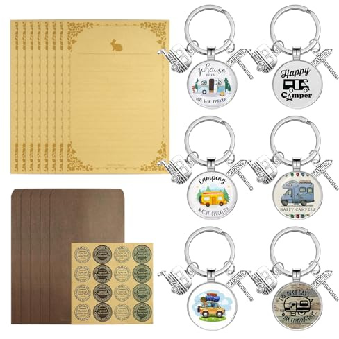 Keboyoe 6 Piezas Caravana Llavero Autocaravana Accesorios Caravana y Camping Llaveros Adjunto Sobres y Papel de Carta Retro Camping Auto Llavero de Coche con Forma de RV para Camping Aficionado Regalo