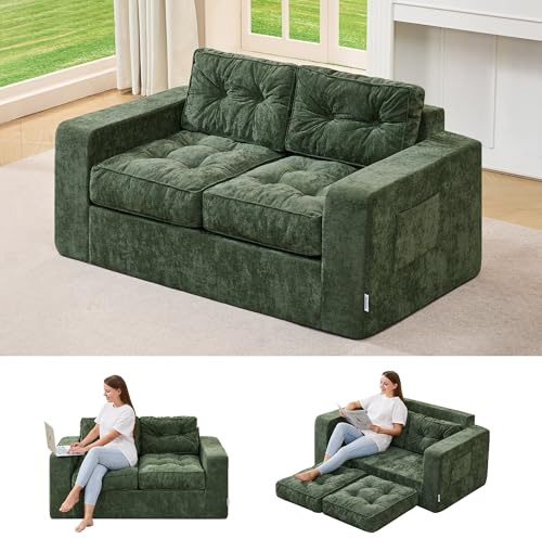 Hobestluk Sofa Couch Loveseat Sofa with Chenille Fabric 2-Seater Sofa for Small Spaces Comfortable Foam Floor Sofa 2 in 1 Boneless Couch for Living Room Bedroom Apartment or Office (Green, Loveseat)