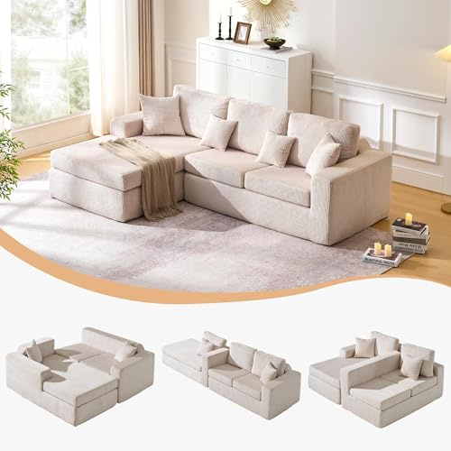 CLIPOP Boneless Sofa Corner Sofa Bed L Shaped Left with Deep Seat, Corduroy 3 Seater Sofas Modular Chaise Lounge for Living Room, No Assembly Required - Sofa in a Box (cream)