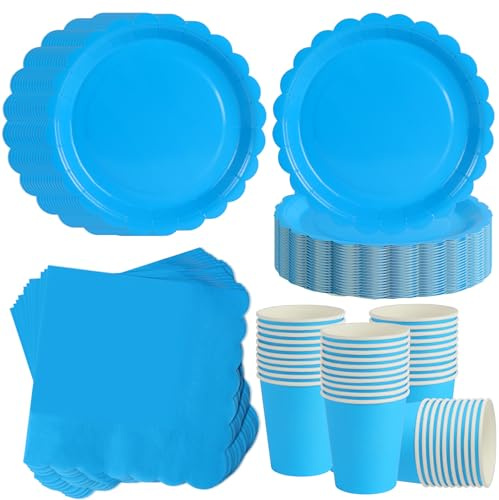 ZblPyro Sky Blue Party Tableware Set for 40 Guests | A Set of 120 pcs Includes 7inch Scalloped Paper Plates, Cups & Napkins | Baby Shower for Boy, Naming Ceremony & Summer Party
