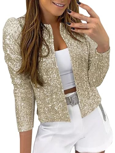 Shfebrinox Cardigan corto scintillante da donna con paillettes aperto sul davanti per feste bolero coprispalle da donna elegante glitter sera club notte giacca per matrimoni ospiti capispalla, Oro, S