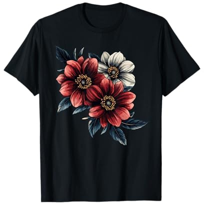 Bouquet Floral de Dahlia Rouge et Blanc Fleur de Jardin T-Shirt