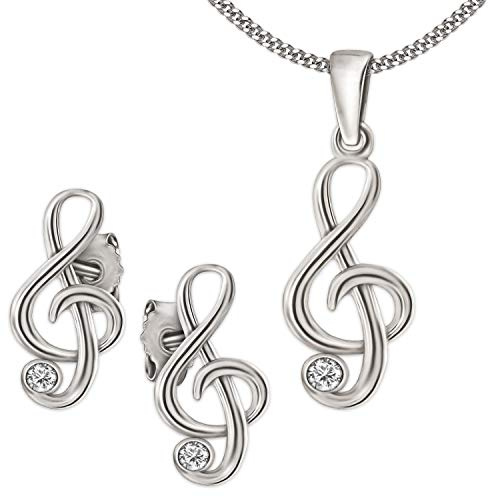 CLEVER SCHMUCK - Conjunto de joyas infantil (con circonita, colgante, pendientes, cadena Panzer de 40 cm, plata 925), diseño de clave de sol pequeña, color plateado