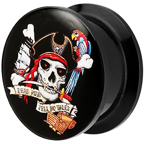 Piersando Ohr Plug Piercing Kunststoff Motiv Comic Picture Flesh Tunnel Ohrplug mit Pirat Papagei Segelschiff Maritim Schwarz Bunt 14mm