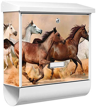 banjado® Burgwächter Briefkasten Weiß 38x39x12cm mit Motiv Wilde Pferde/Briefkasten mit Zeitungsfach/Briefkasten mit Zeitungsrolle/Postkasten inkl. Montagematerial & 2 Schlüsseln