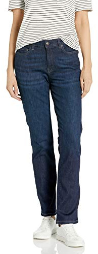 Amazon Essentials Jean Droit Slim Taille Mi-haute - couleurs abandonnées Femme, Délavé Foncé, 46 Taille courte
