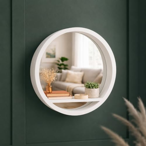 HomeZone® Wandregal, schwimmend, Retro, aus Holz, weiß, mit Spiegel, rund, Bullauge – Wandregal aus Holz für Wohnzimmer – großer Rahmen – Regale Spiegel für Badezimmer, Schlafzimmer