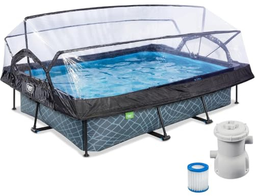 EXIT Toys Piscine Hors Sol Rectangulaire 300 x 200 x 65 cm avec Pompe Filtrante – avec Bâche Multifonctionnelle – Piscine Tubulaire à Cadre Acier – Certifiée TÜV CE en 16582 – Stone – Gris