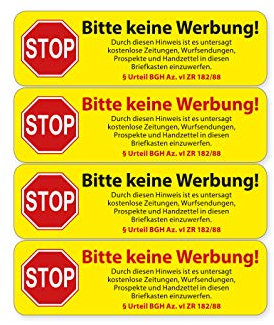 Aufkleber Set Briefkasten Bitte KEINE WERBUNG 4 Stück Wetterfest und UV Beständig