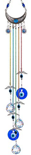 20inch Blue Evil Eye Hanging Crystals Suncatcher Ornament with Chakra Energy Crystal Ball Prism Pendant Rainbow Maker for Home Decor Protection