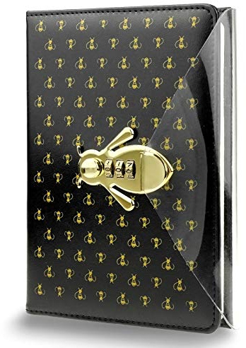 Bee Shaped Combination Lock Journal, PU Leather Hard Cover Notebook Cute Diary, A5 Lined Password Locking Personal Planner Secret Organizer Gift for Girls Women Daughter