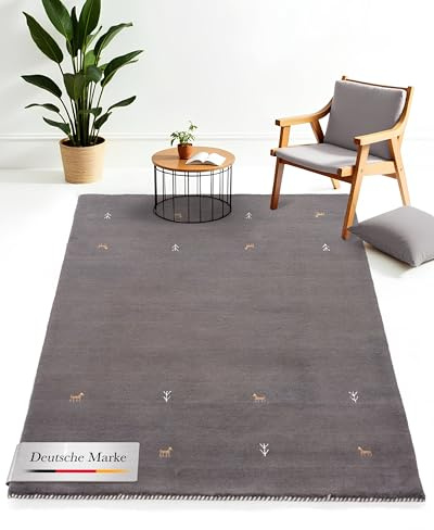 carpetfine Wollteppich Gabbeh Uni Grau 60x90 cm | Moderner Teppich für Wohn- und Schlafzimmer