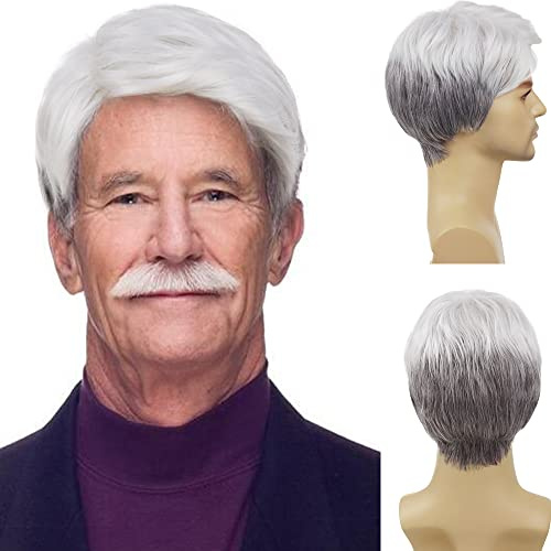 GNIMEGIL Korta vita peruker för män Ombre Silver Blanche-peruk | Halloween-kostym Äldre man Kenny Rogers Naturlig sidbena Syntetfiber Hår för äldre,Toupeer för män