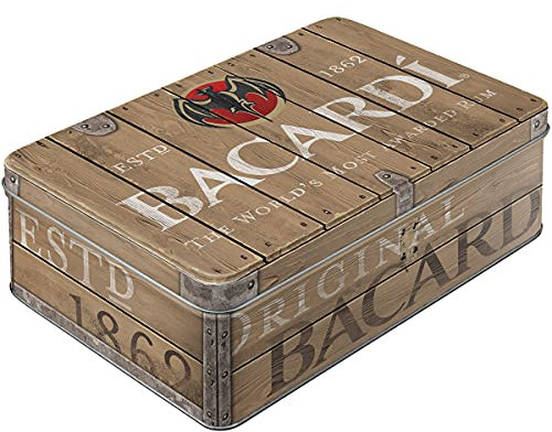Nostalgic-Art Retro Vorratsdose Flach Bacardi-Wood Barrel Logo-Idea Regalo per Fan del Rum, Barattolo di Latta con Coperchio, Design Vintage, 2.5 L