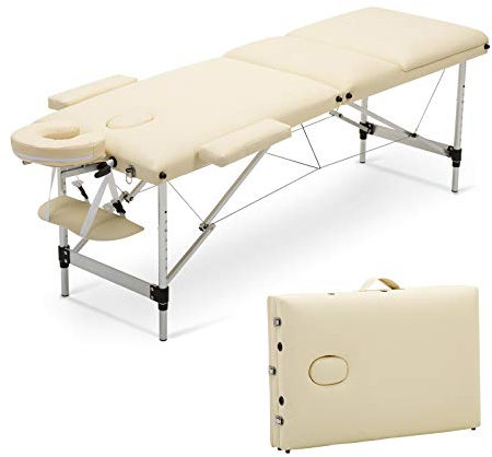Mobile Massagetisch Massageliege 3 zonen 180 x 62 cm, mit Zubehör, bis 230kg - Alu massagebed Massagebank 3 Zones klappbar Kosmetikliege, Biege, Höhenverstellbaren 60-85cm