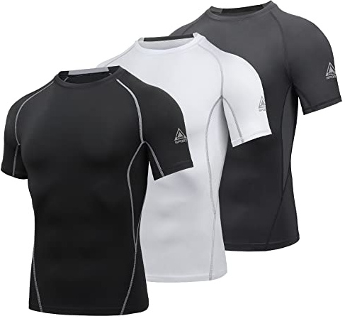 AMZSPORT Herren Kompressionsshirt Kurzarm Funktionsshirts Cool Dry Training Running Top, Schwarzweißgrau-L