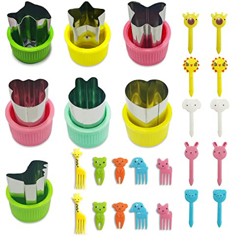 27 Stück Edelstahl-Gemüse- und Obst-Keksformen für Kinder (Delfin, Dinosaurier, Hase, Bär, Liebe, Stern, Schmetterling) mit Tierfruchtgabel, bequemem Griff, abnehmbar, Keksform