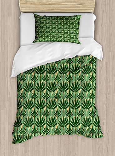 Ambesonne Banana Leaf Duvet Cover Sets, Overlapping Windmill Palm Trees and Leaves Pattern, Bedding Set with 2 Duvet Covers & 2 Pillowcases, 2 Pack Twin Size, Pale Yellow Jade Green