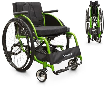QUIRUMED Fauteuil roulant de sport, Pliable, Aluminium, Siège rembourré, Ceinture de sécurité, Libération rapide, Frein manuel, Poche porte-objets, 74 x 57 x 84 cm
