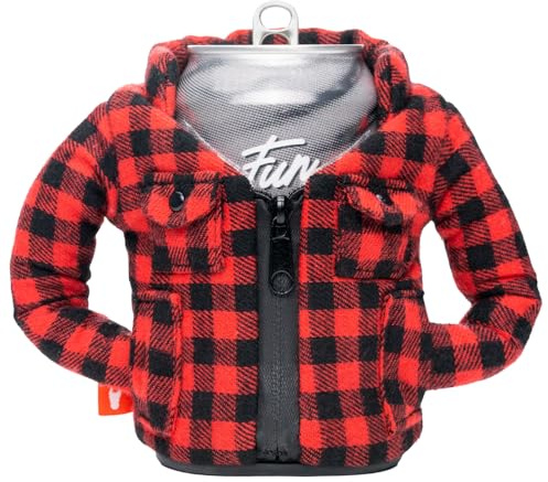 Puffin The Lumberjack Flannel Insulated Can Cooler Sleeve 12oz & 16oz Tall Can - Non Slip Base, Beer Soda Drink Jacket with Zipper for Cold or Hot Beverages - Puffin Red